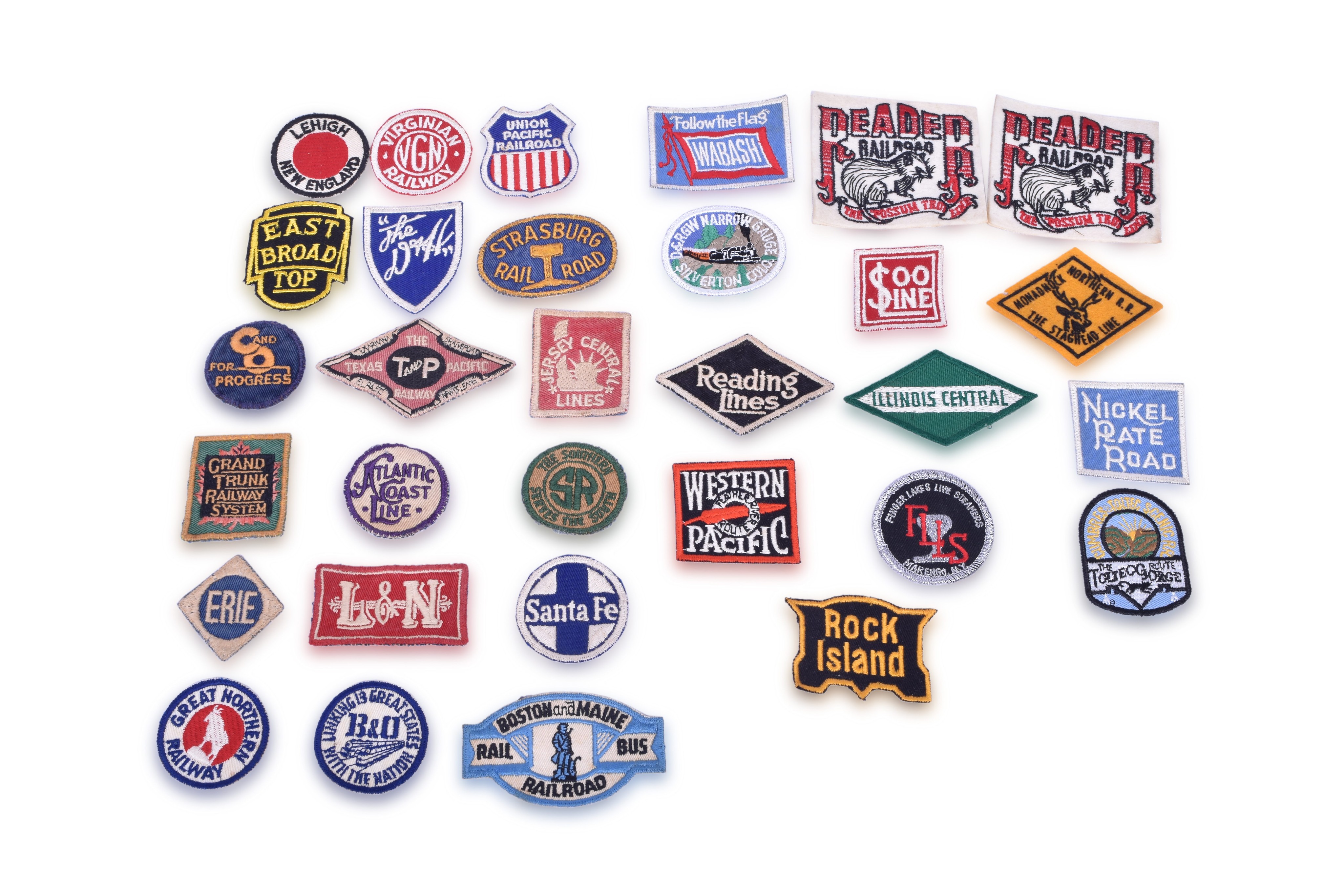 1467 - Thirty Cloth Railroad Patches - East Broad Top, Strasburg, Wabash, Atlantic Coast Line, Jersey Central, Santa Fe, Soo Line, Western Pacific thumbnail