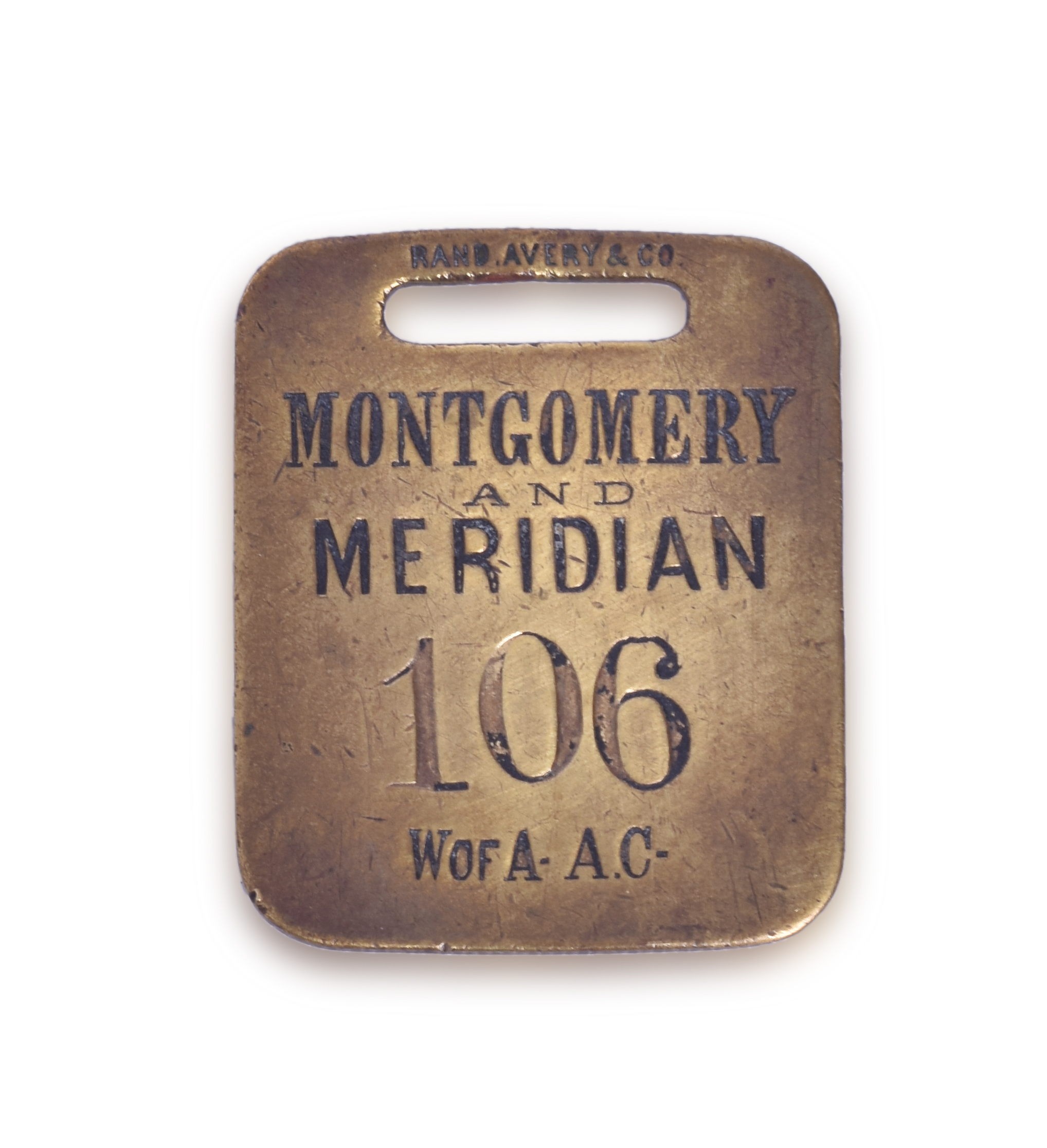 1481 - Western of Alabama / Alabama Central Railroad - Montgomery Brass Baggage Tag thumbnail