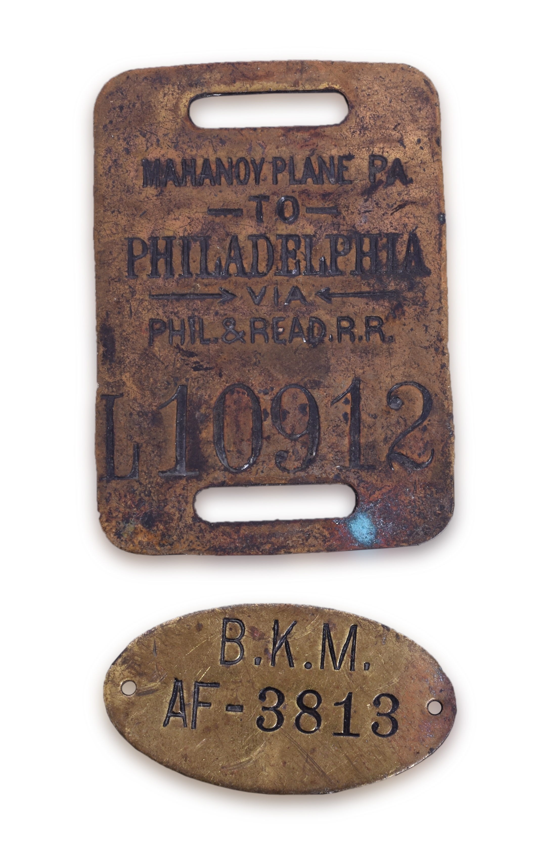 1482A - Philadelphia & Reading Railroad - Philadelphia to Mahanoy Plane PA. Brass Luggage Check Tag plus BKM Brass Tag thumbnail