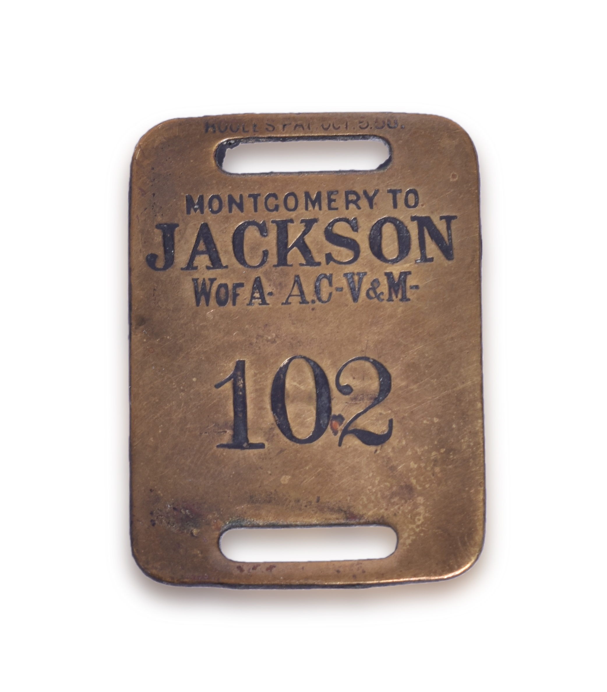 1483 - Western of Alabama , Alabama Central, Vicksburg & Meridian Railroad Brass Baggage Tag thumbnail