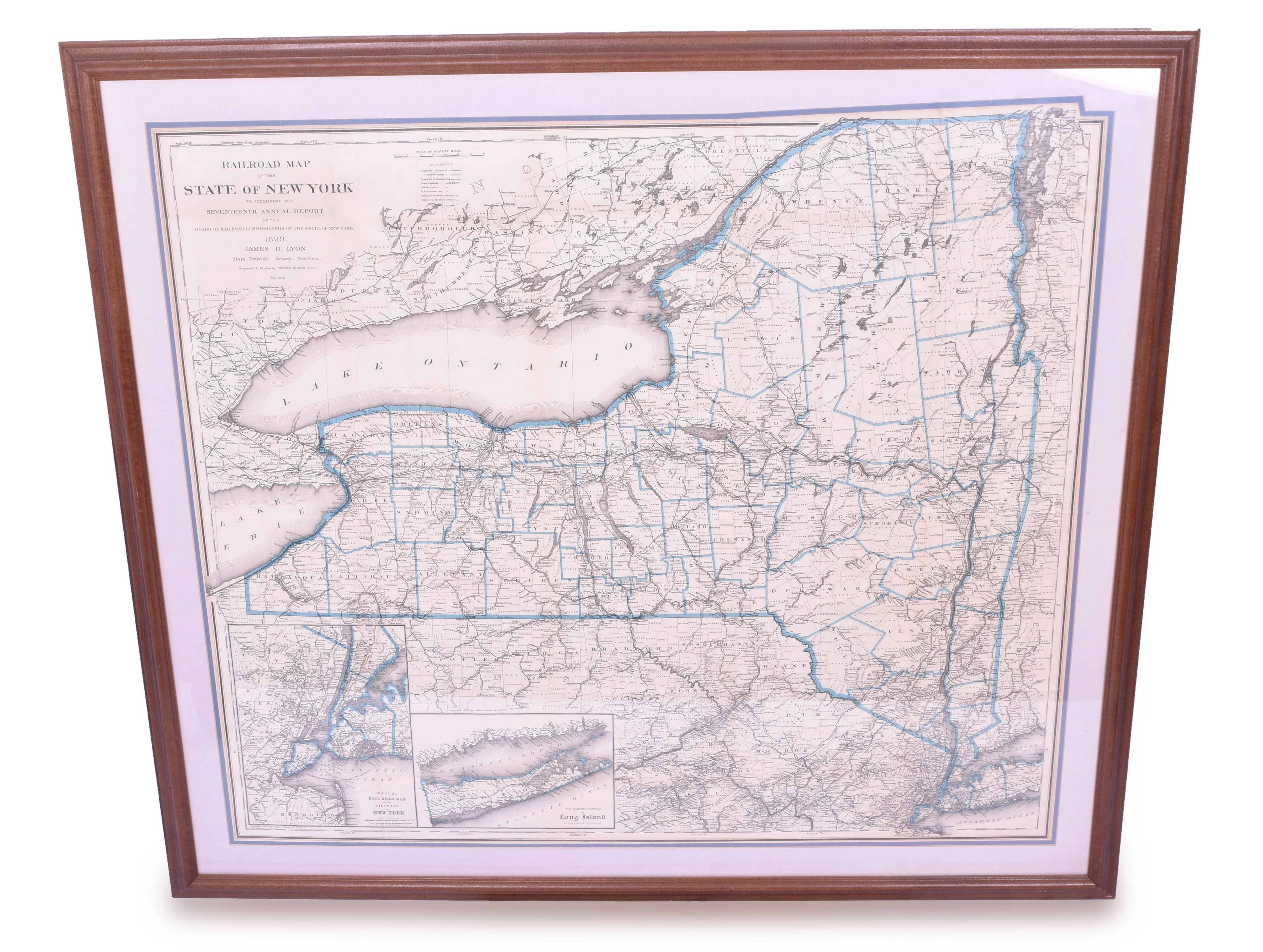 1495 - 1899 State of New York Framed Railroad Map - Colton Ohman & Co. Printer thumbnail
