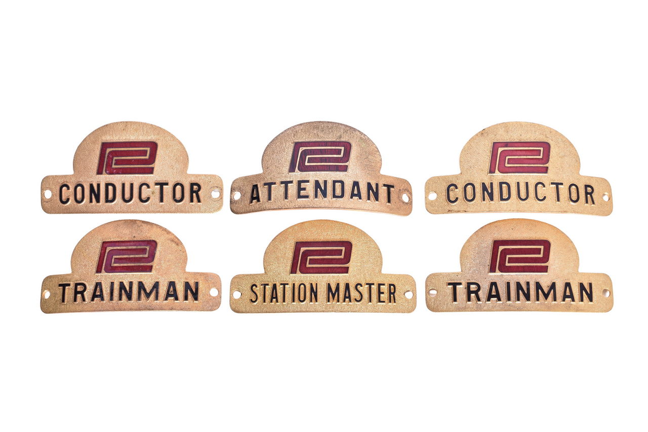 1508 - Six Penn Central Railroad Cap Badges - Conductor, Station Master, Trainman, Attendant thumbnail