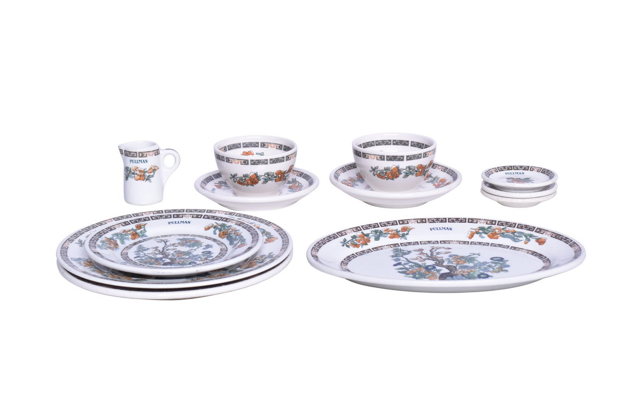 1511 - Twelve Pieces of Pullman Railroad and Unmarked Indian Tree China Plates, Butter Pats, Handled Creamer, and More thumbnail