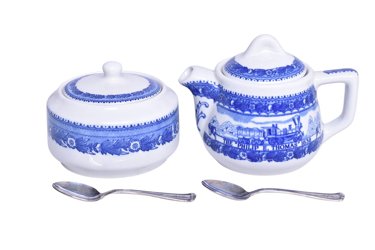 1517 - Baltimore & Ohio Railroad China Centenary Teapot, Covered Sugar Bowl, and Silver Demitasse Spoons thumbnail