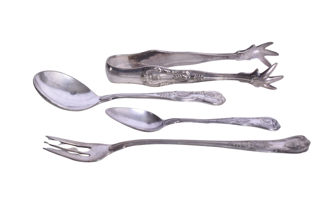1521 - Four Pieces of Reed & Barton Pennsylvania Railroad Silver Flatware - Kings Demitasse Spoon, Oyster Fork, Tongs, and Bouillon Spoon thumbnail