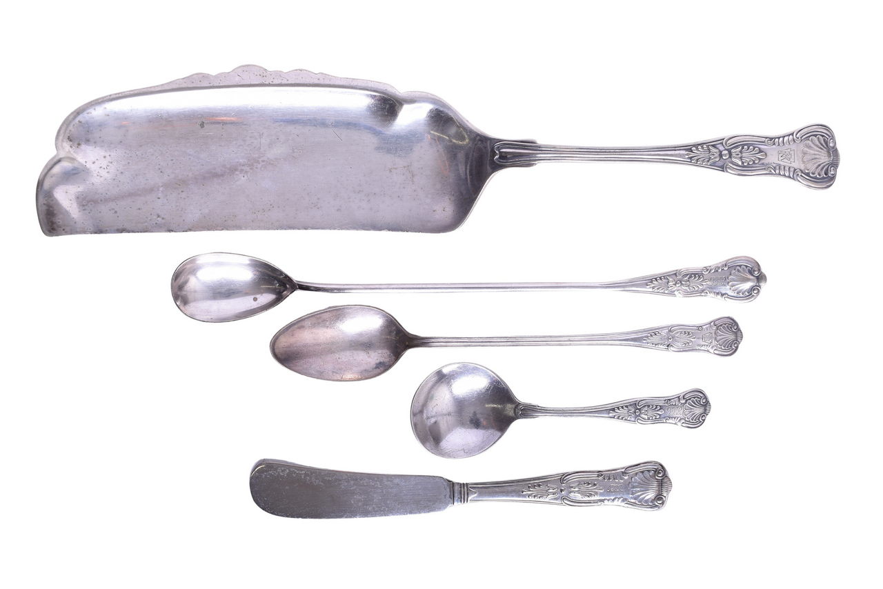 1523 - Five Pieces of Pennsylvania Railroad Silver Kings Flatware and Crumb Tray thumbnail