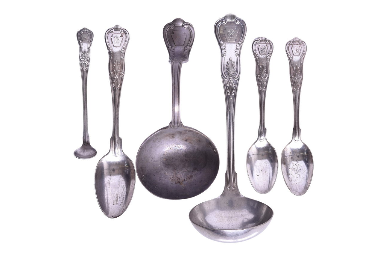 1525 - Six Pieces of Pennsylvania Railroad Silver Kings Flatware - Mustard Spoon, Ladle, Tablespoon, Teaspoon thumbnail