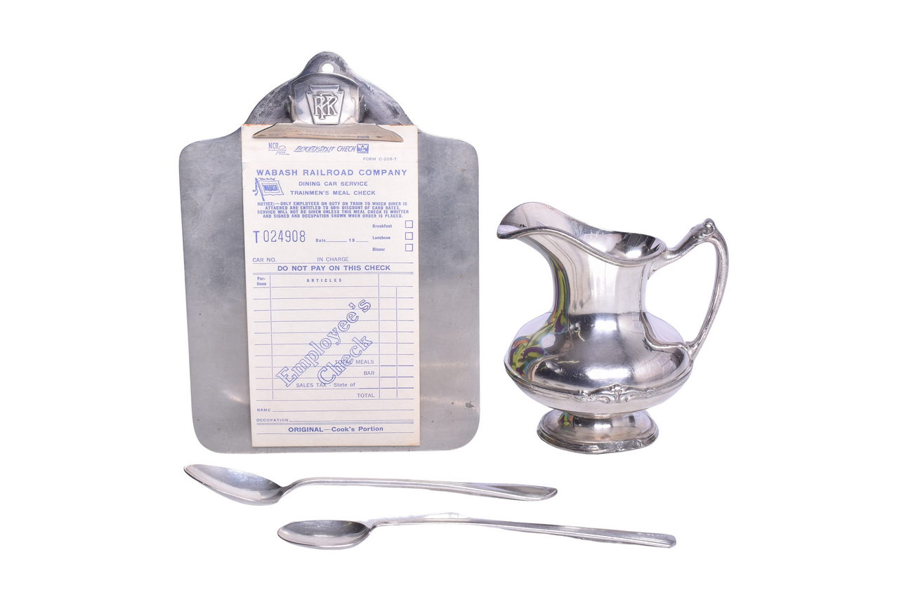 1527 - Group of Pennsylvania Railroad Silver Dining Car Items and Wabash Trainmen's Meal Check thumbnail