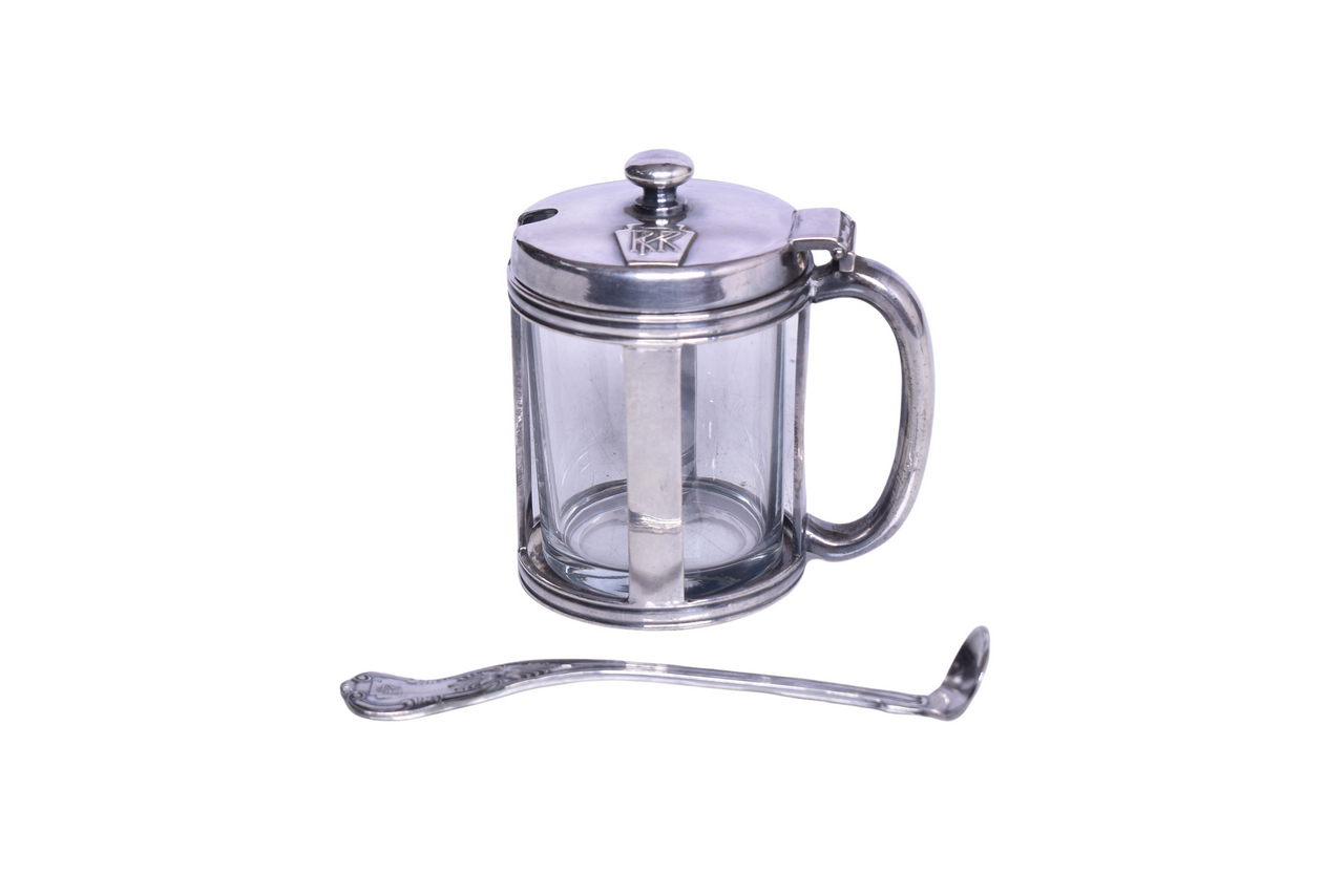 1529 - Reed and Barton Pennsylvania Railroad Silver Mustard Pot w/ Glass Insert and Condiment Spoon thumbnail