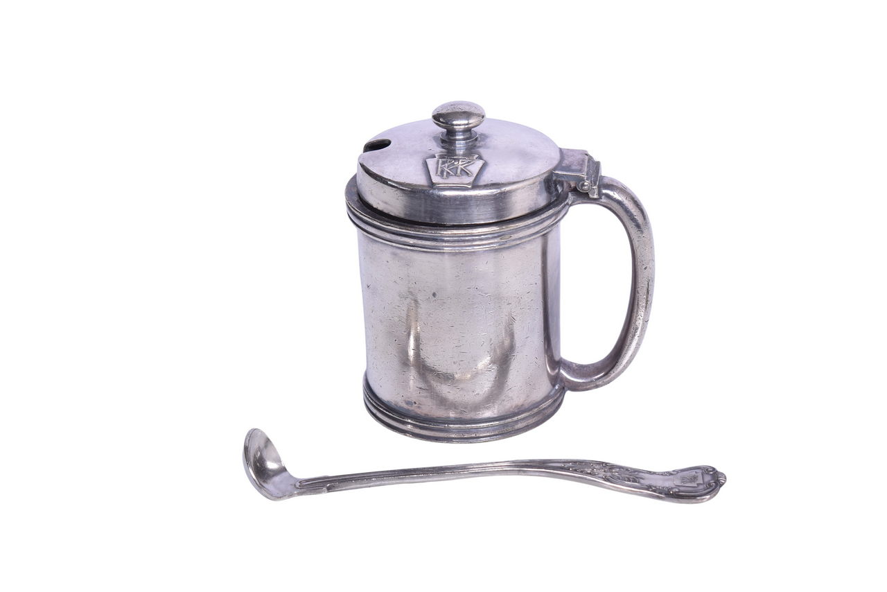 1537 - Reed and Barton Pennsylvania Railroad Silver Mustard Pot w/ Glass Insert and Condiment Spoon thumbnail