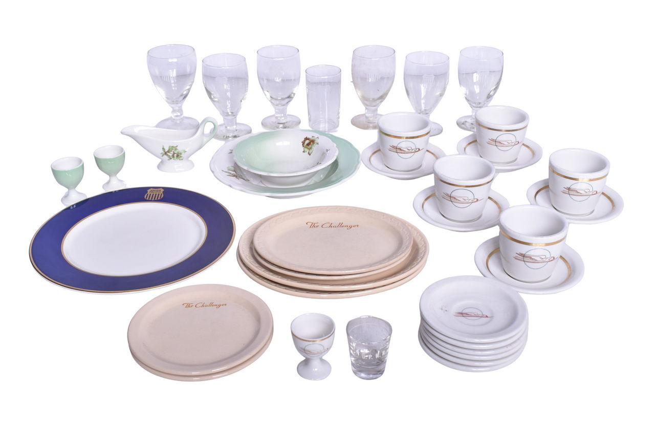 1553 - Thirty-Seven Pieces of Union Pacific Railroad China and Glassware - Desert Flower, Challenger, Winged Streamliner, Blue and Gold thumbnail