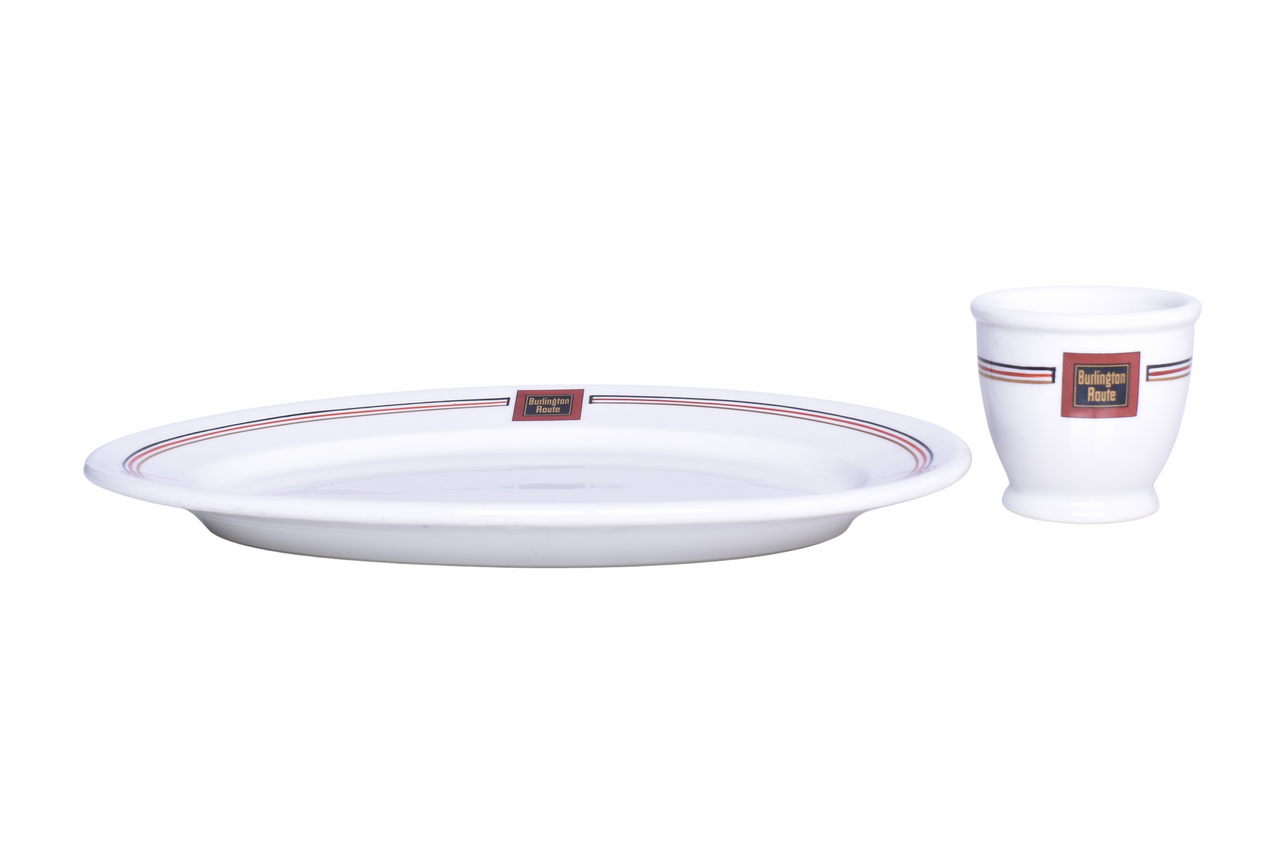 1625 - Chicago Burlington & Quincy Railroad China Aristocrat Large Oval Platter and Double Egg Cup thumbnail