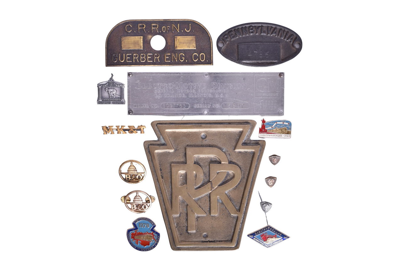 1636 - Railroad Plaques and Pins - GM Diesel Engine Plate, Fantasy Pennsylvania Keystone thumbnail
