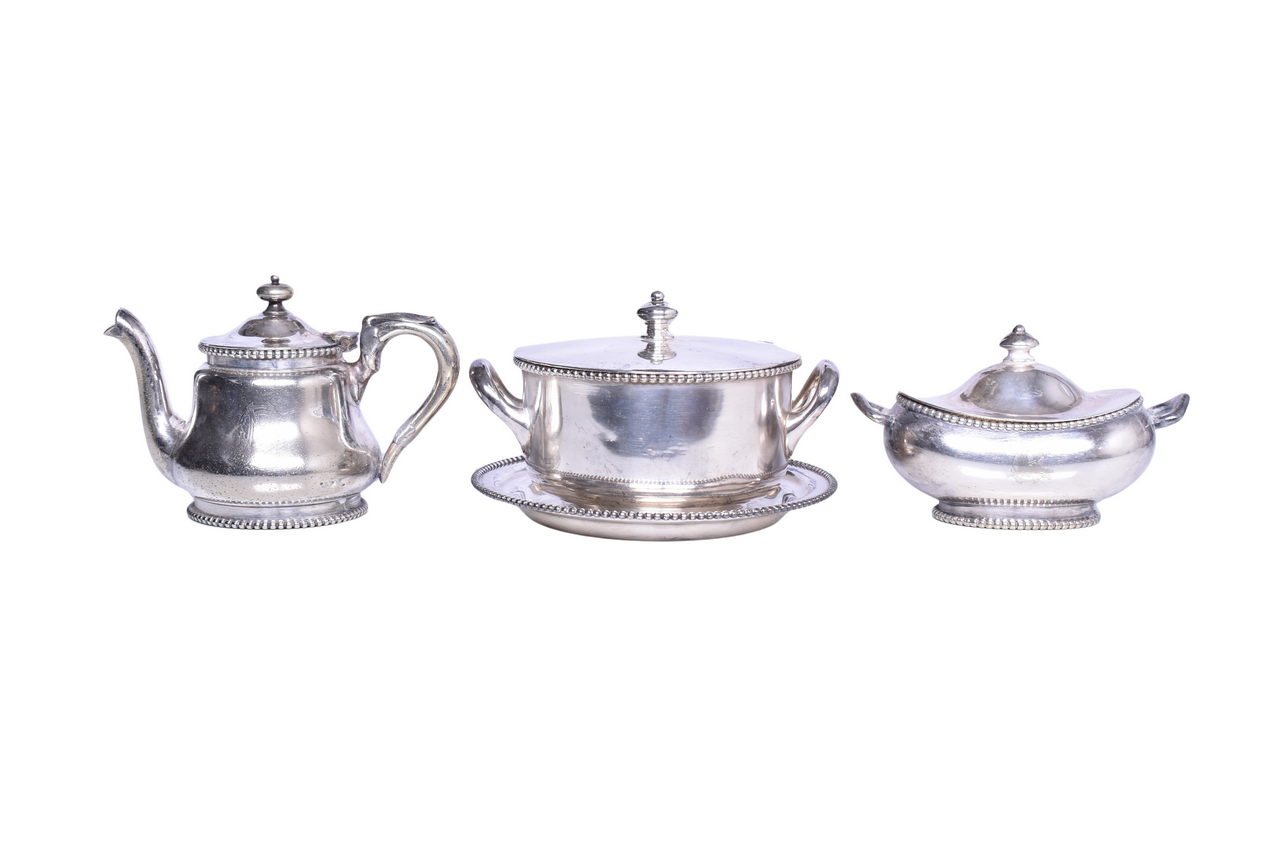 1639 - Four Pieces of Great Northern Railroad Silver - Beaded Bowl, Tray, Sugar Bowl, and Teapot thumbnail