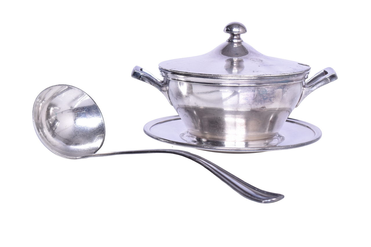 1641 - Wabash Railroad Silver Soup Tureen Bowl w/ Lid, Under-liner Tray, and Serving Ladle thumbnail