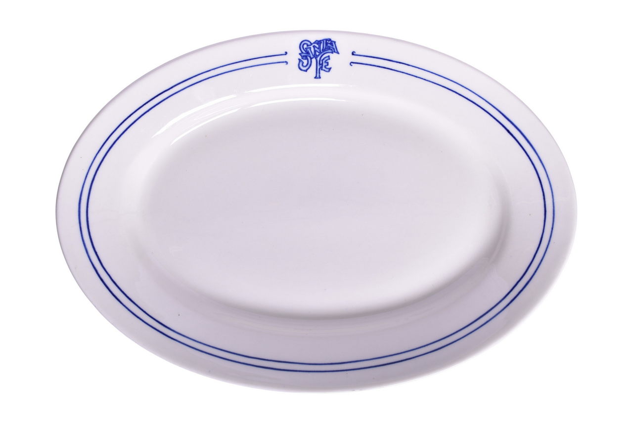 1651 - Atchison, Topeka, And Santa Fe Railroad China Bleeding Blue Oval Platter Plate 12 1/2