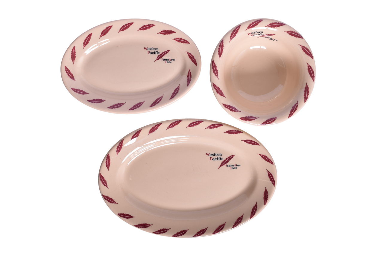 1655 - Western Pacific Railroad China Feather River Rimmed Bowl and Oval Platter Plates thumbnail