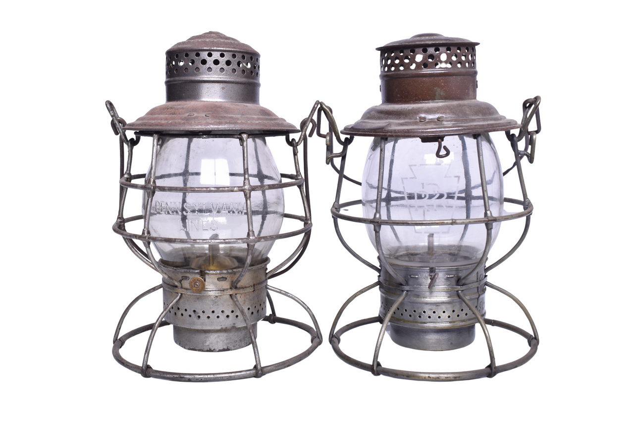 1700 - Pair of Adams & Westlake Pennsylvania Railroad Lanterns - Pennsy Lines and Keystone Etch thumbnail