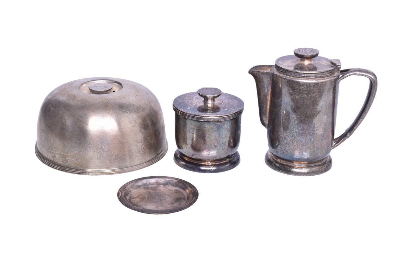 1717 - Four Pieces of New York Central Railroad Silver - Coffee Pot, Sugar Bowl, Hot Food Cover, and Butter Pats thumbnail