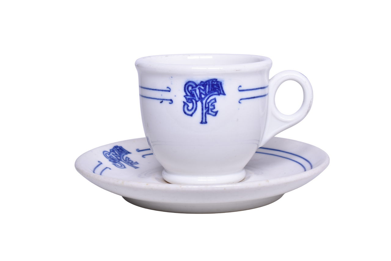 1721 - Santa Fe Railroad China Bleeding Blue Handled Double Egg Cup and Saucer thumbnail