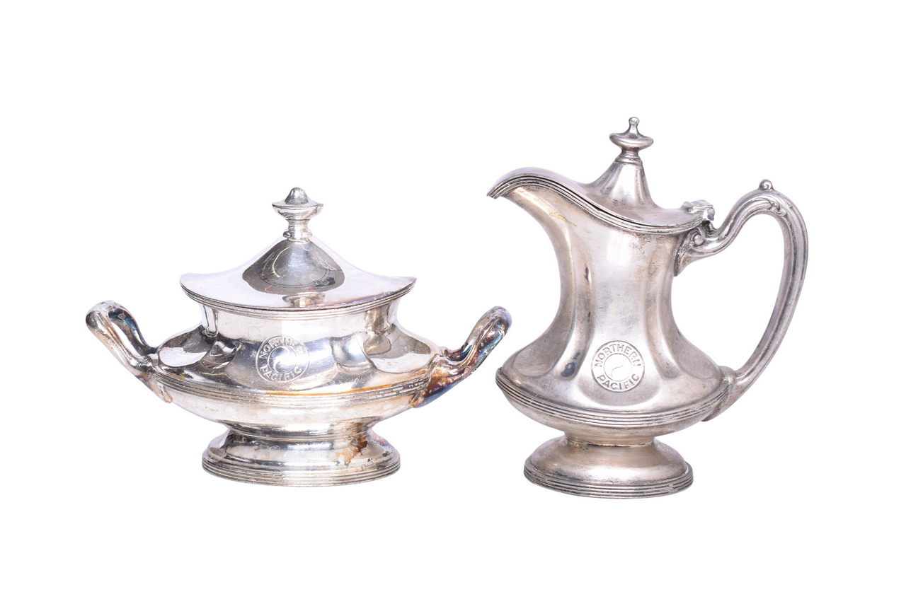 1735 - Northern Pacific Railroad Silver Soldered Sugar Bowl and Syrup Pitcher thumbnail
