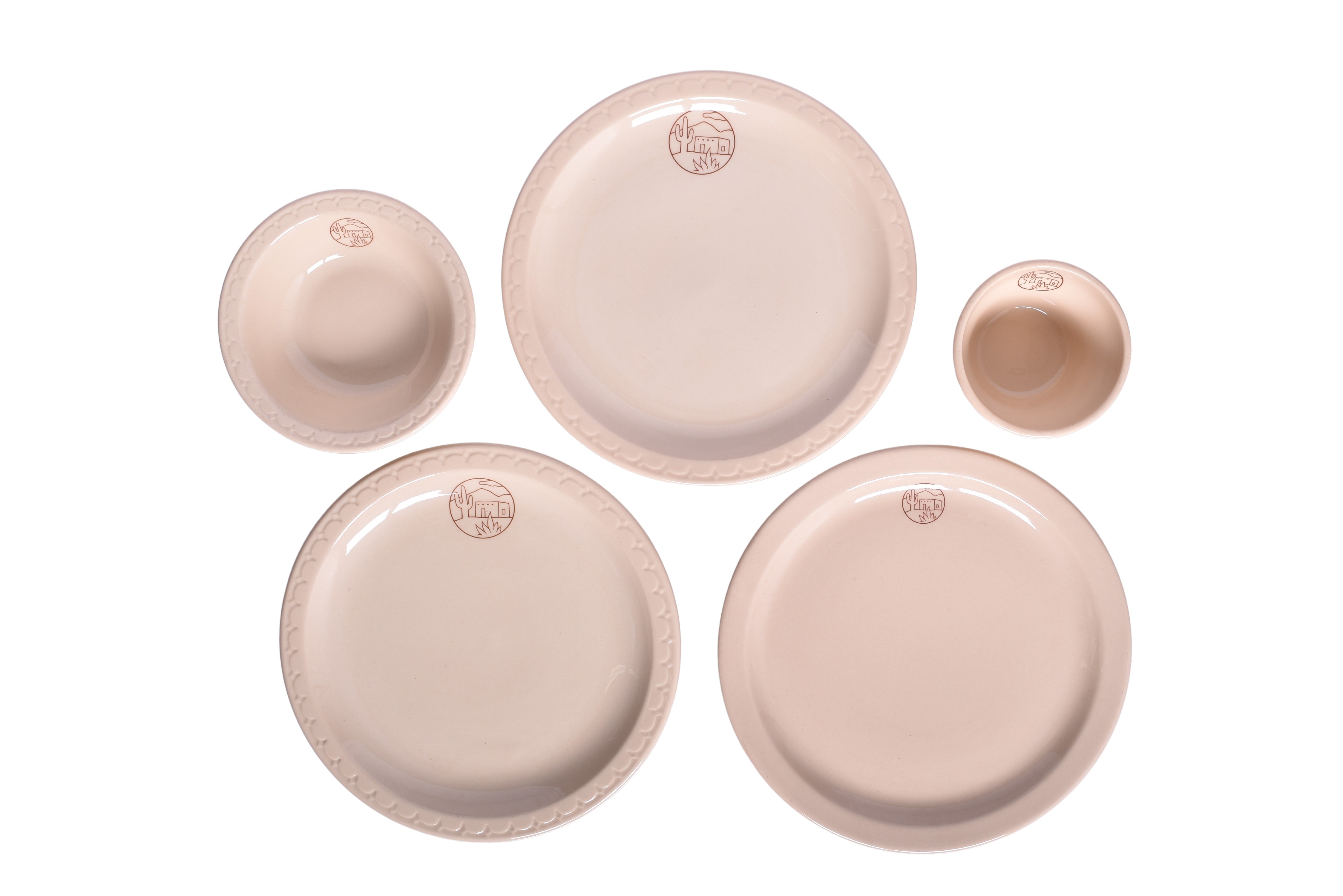 1739 - Five Pieces of Atchison, Topeka and Santa Fe Railway China Adobe Dinner Plates, Bowl, and Bouillon Cup thumbnail