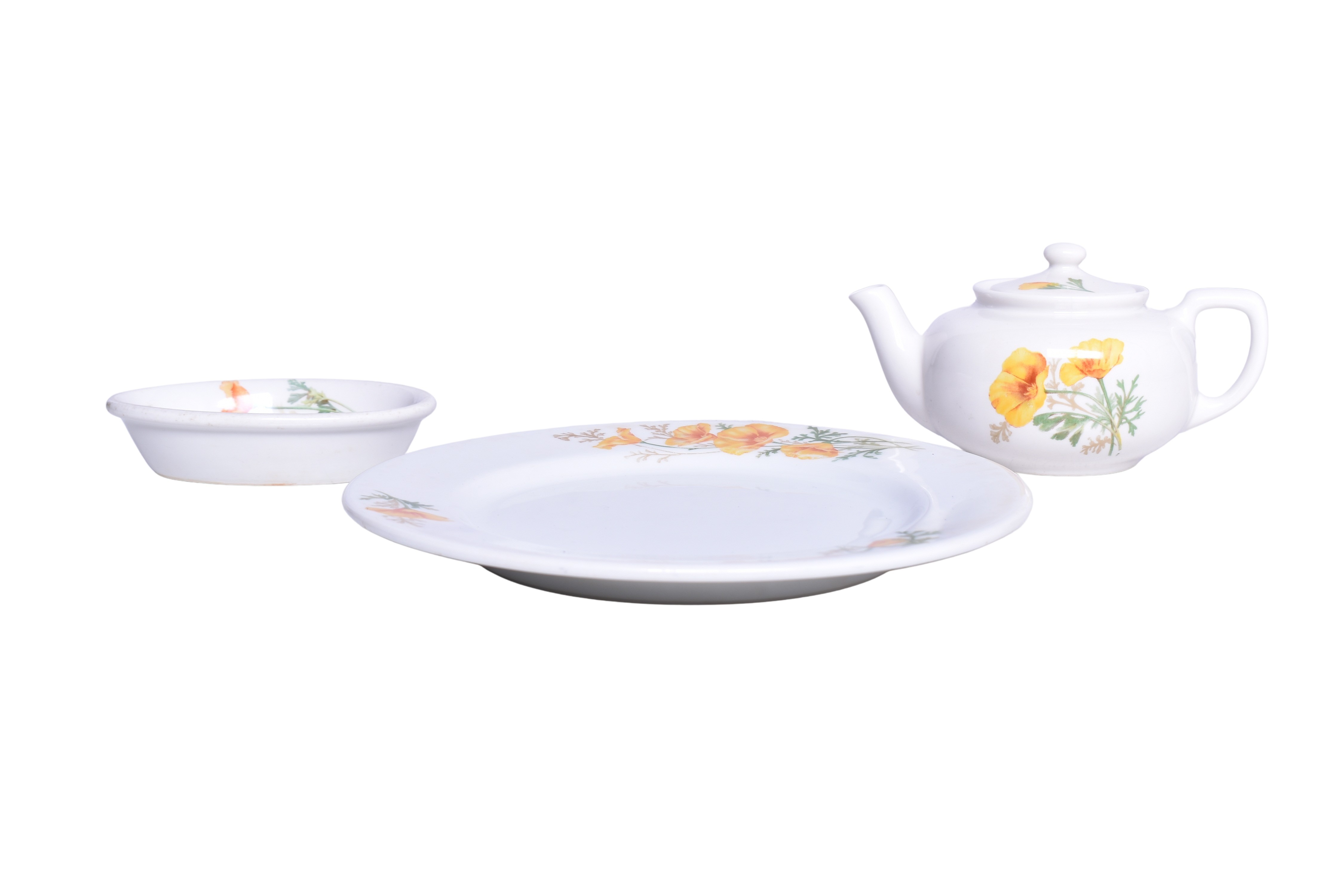 1759 - Three Pieces of Santa Fe Railroad China California Poppy Oval Baker's Dish, Dinner Plate, and Teapot thumbnail