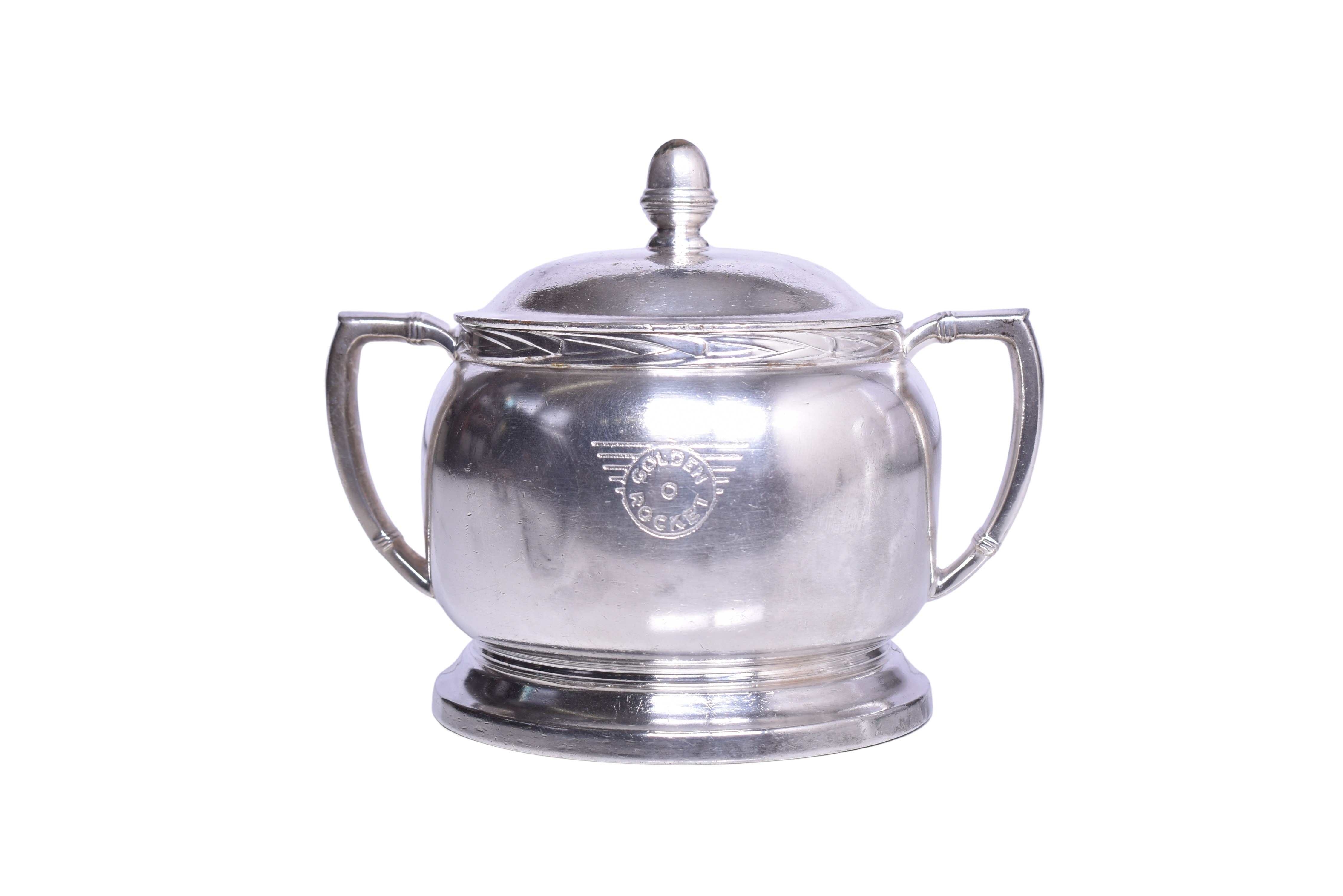 1781 - International Silver Golden Rocket, Rock Island and Southern Pacific Railroad Sugar Bowl w/ Lid 10 oz thumbnail