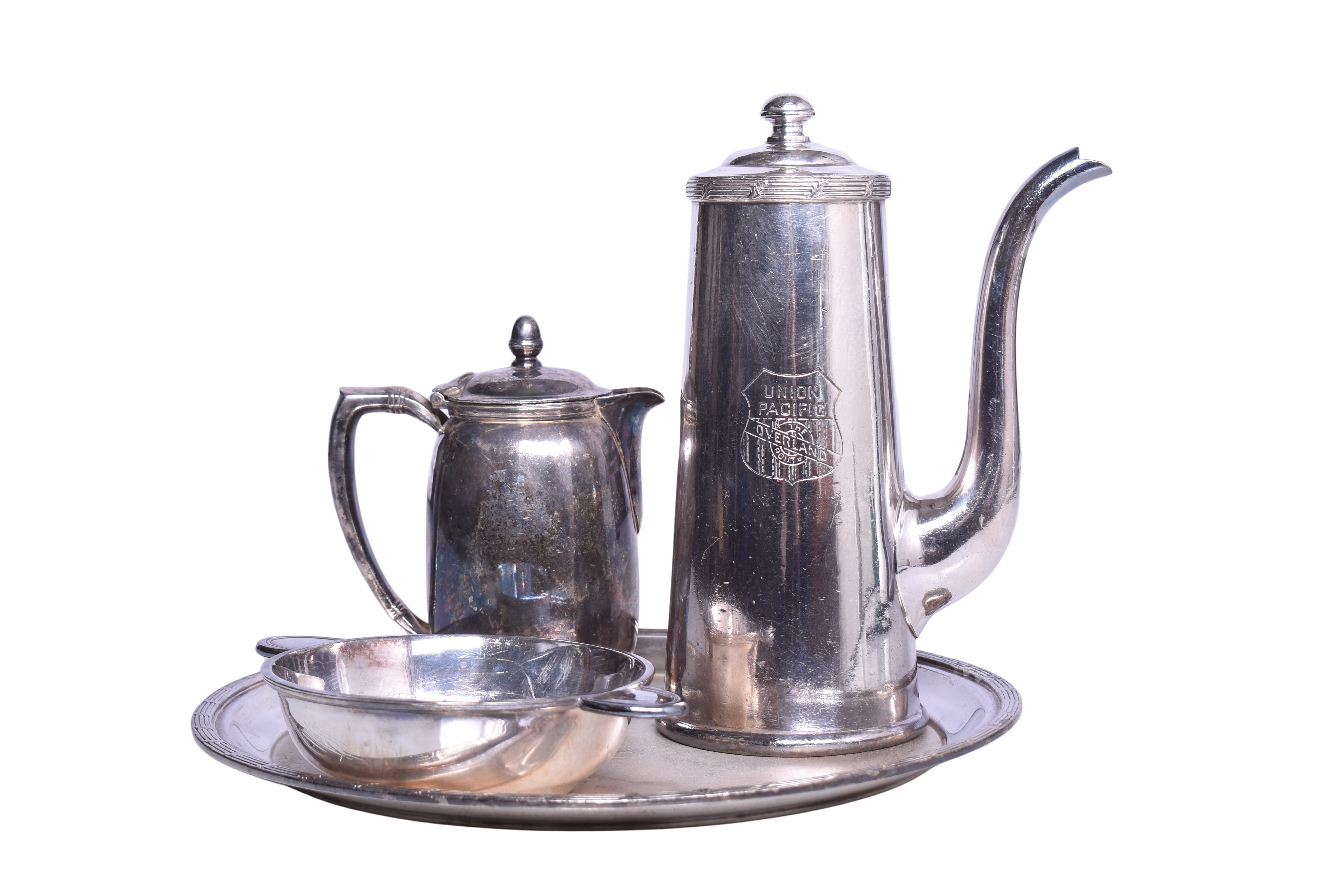 1791 - Four Union Pacific Railroad Silver Serving Items - French Coffee Pot, Pitcher, Tray, and Bowl thumbnail