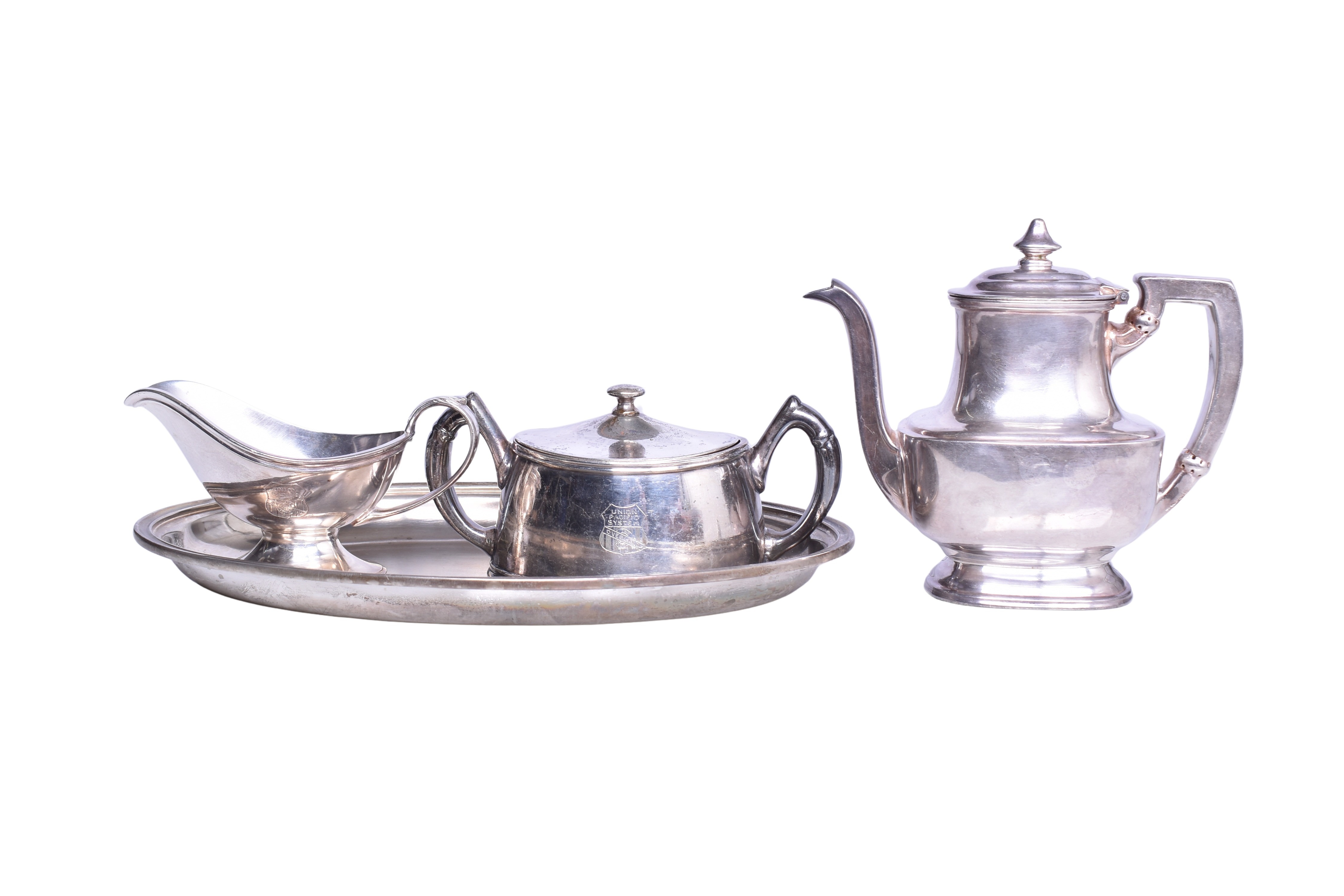 1795 - Four Pieces of Union Pacific Railroad Silver - Teapot, Overland Route Sugar Bowl, Creamer, and Oval Tray thumbnail