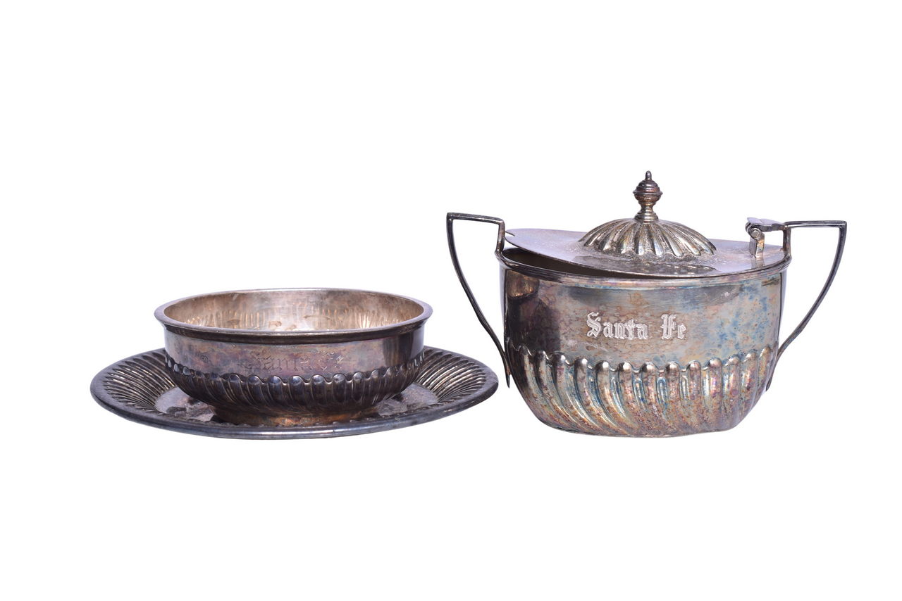 1803 - Three Pieces of Santa Fe Railroad Silver - Sugar Bowl, Bowl, and Under Liner Tray Plate thumbnail