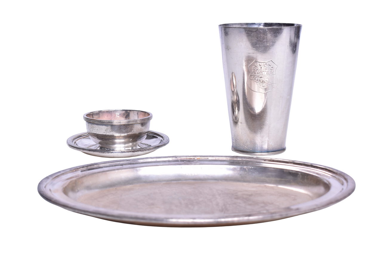 1813 - International Silver Union Pacific Railroad Cocktail Shaker Cup, Condiment Bowl, and Oval Tray thumbnail