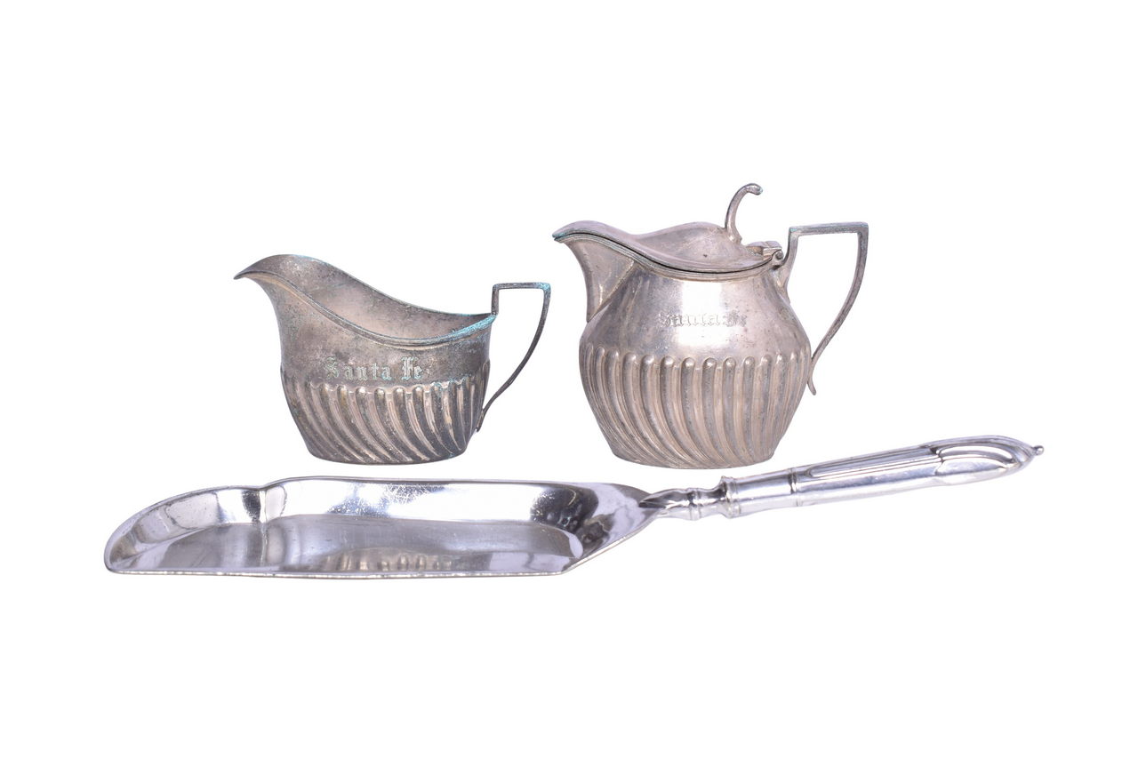 1817 - Three Pieces of Santa Fe Railroad Silver - Syrup Pitcher, Creamer, and Crumb Tray thumbnail