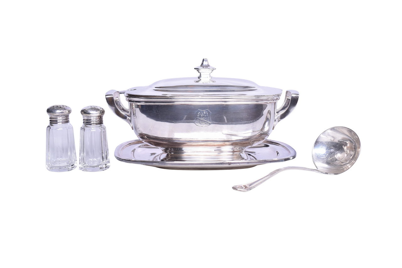 1825 - Group of Union Pacific Railroad Silver Items - Soup Tureen, Ladle, Salt and Pepper Set, and Under Liner thumbnail