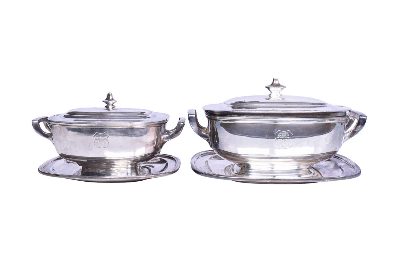 1831 - Pair of Reed & Barton Union Pacific Railroad Tureens w/ Attached Under Liner thumbnail