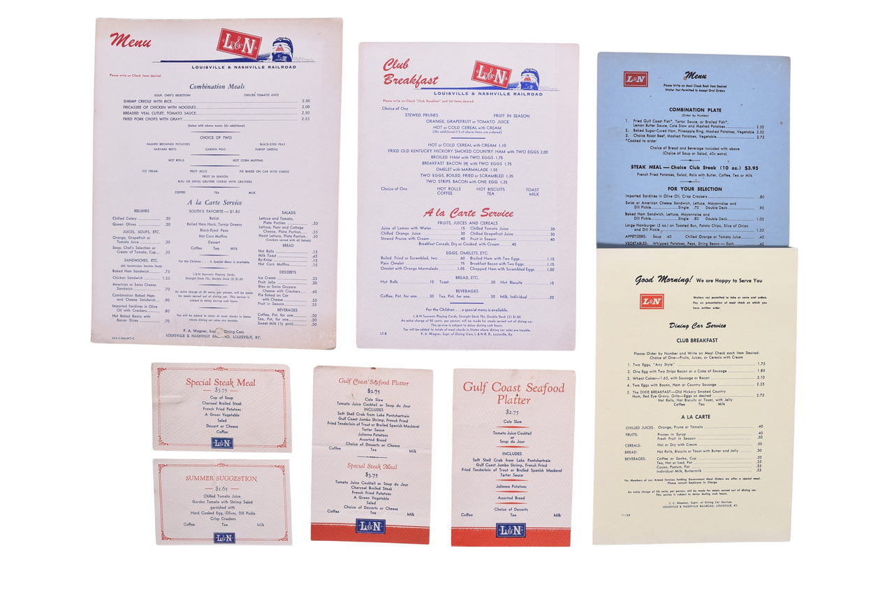 1832 - Eight Louisville and Nashville Railroad Dining Car Menus and Inserts thumbnail