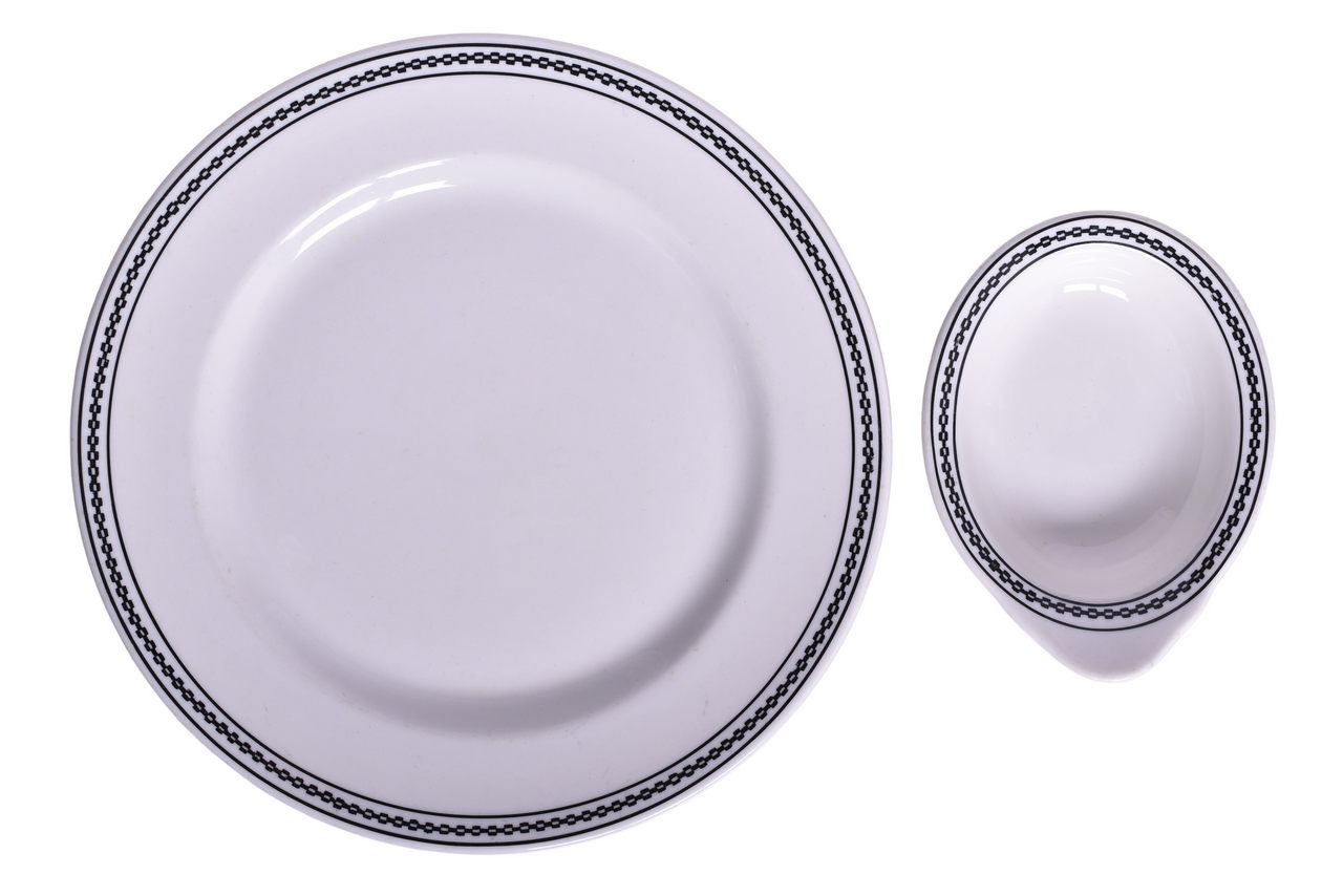 1833 - Santa Fe Railroad China Black Chain Dinner Plate and Oval Baker Dish thumbnail