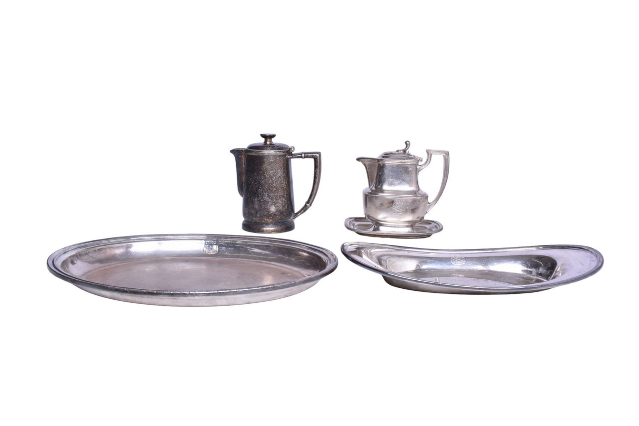 1835 - Four Union Pacific Railroad Silver Serving Items - Overland Route Syrup Pitcher, Bread Tray, Oval Tray, and Coffee Pot thumbnail