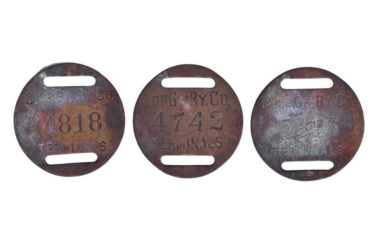 1836 - Three Brass Central Railroad of Georgia Baggage Check Tags thumbnail