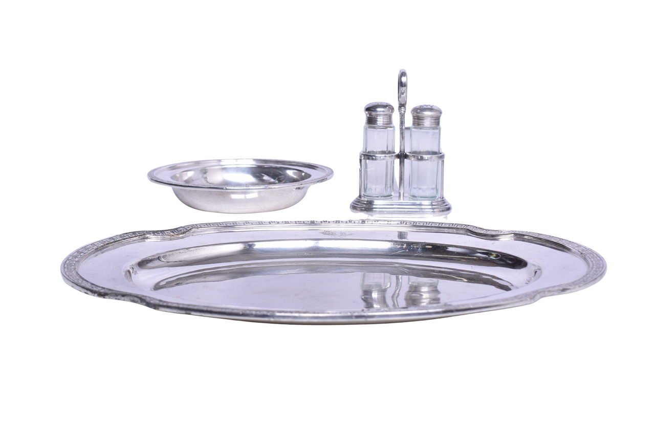 1839 - Illinois Central Railroad Silver Cruet Set, Oval Platter Tray, and Rimmed Bowl thumbnail