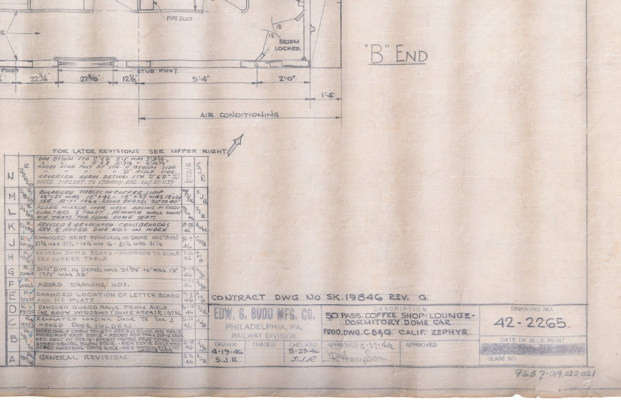 1925 - Original 1946 Budd Company Chicago Burlington & Quincy Railroad California Zephyr 50 Passenger Dome Car Drawing thumbnail