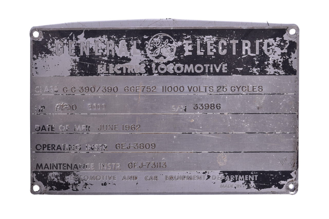 1954 - Pennsylvania Railroad E-44 Electric Locomotive General Electric Builders Plate thumbnail