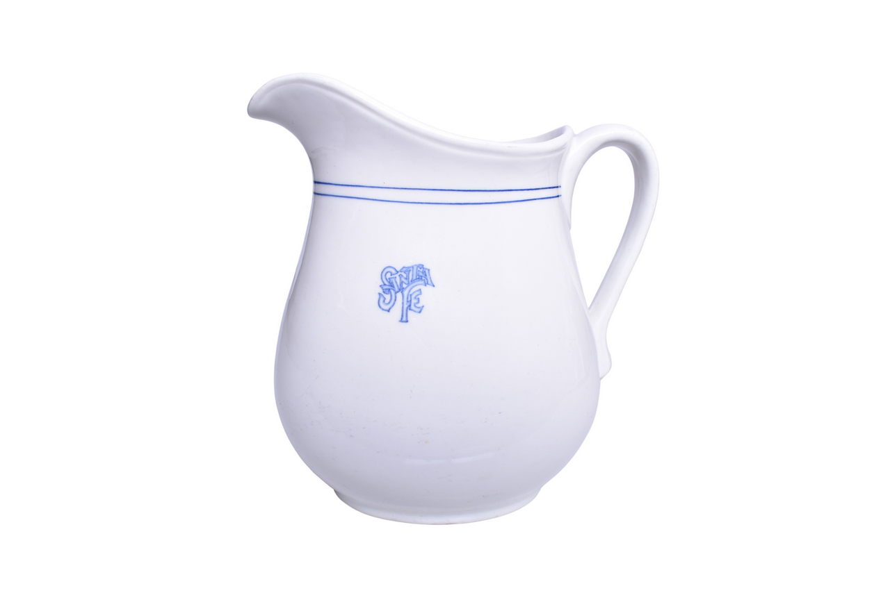 1975 - Large Atchison, Topeka, And Santa Fe Railroad China Bleeding Blue Water Pitcher 8 1/2