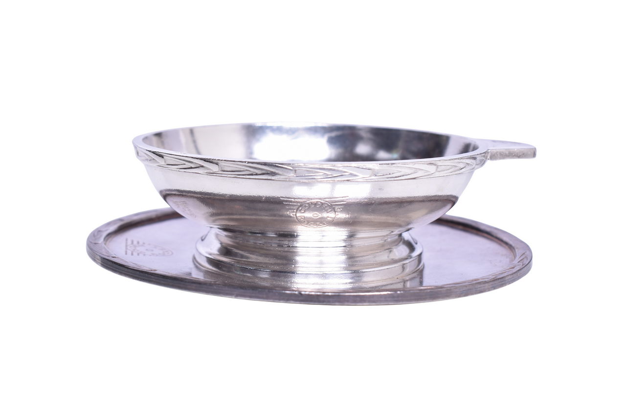 2031 - International Silver Co. Golden Rocket, Rock Island and Southern Pacific Railroad Ice Cream Saucer w/ Tab Handle and Under Liner Plate thumbnail