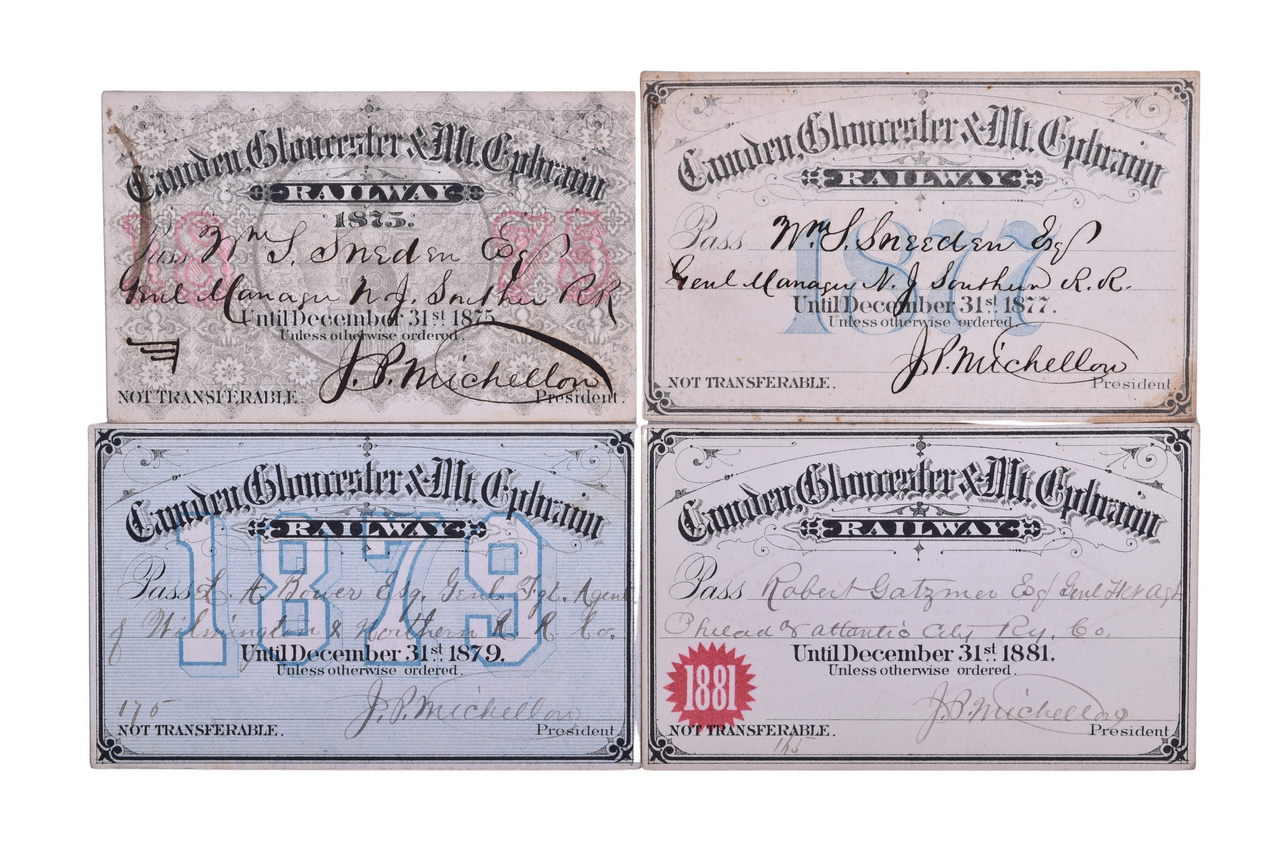 2081 - Four Camden, Gloucester & Mt. Ephraim Railway Annual Passes - 1875, 1877, 1879, and 1881 thumbnail