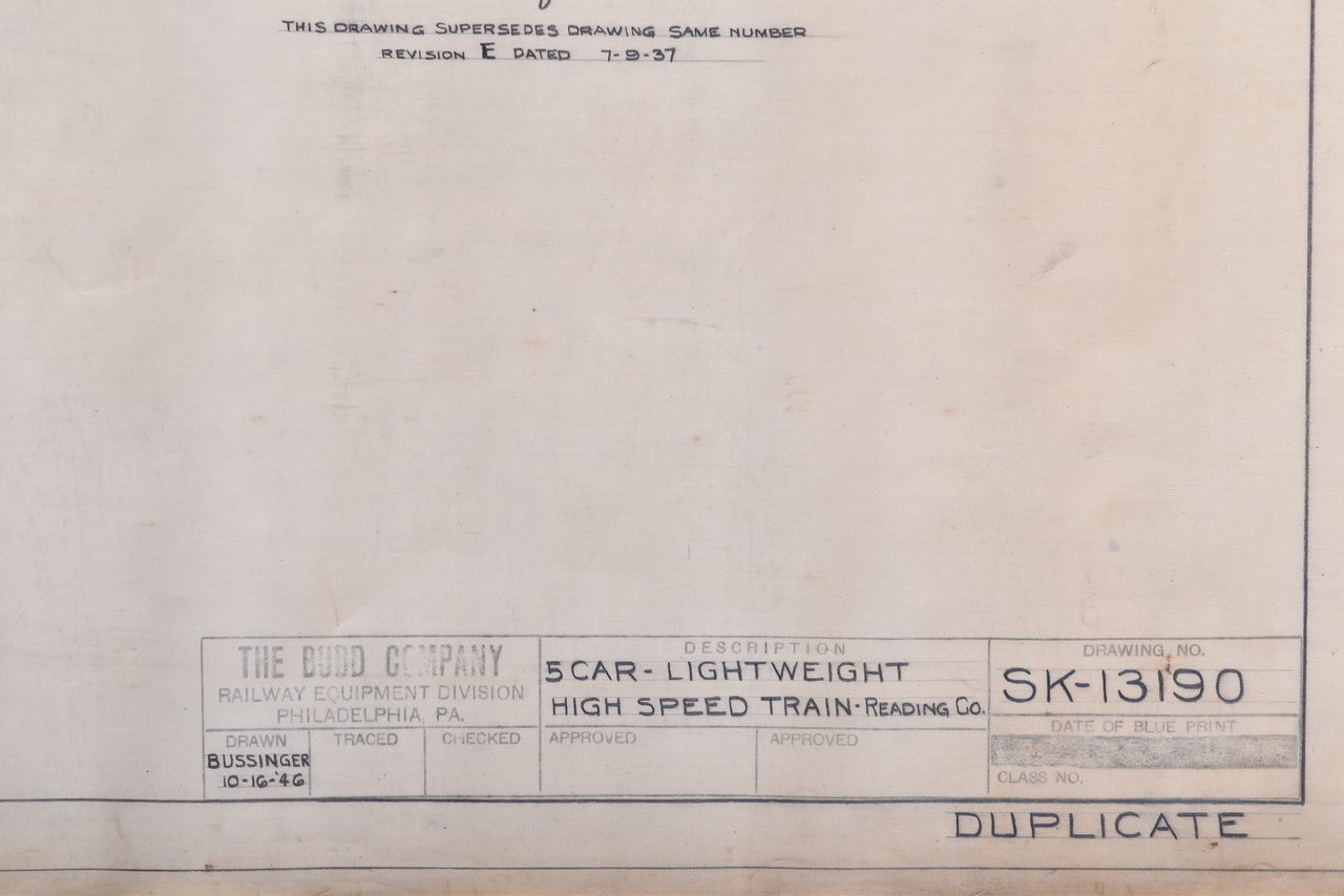 2111 - Original 1938 Budd Company Reading Railroad Crusader 5 Car Passenger Set w/ Streamlined Steam Locomotive Drawing thumbnail