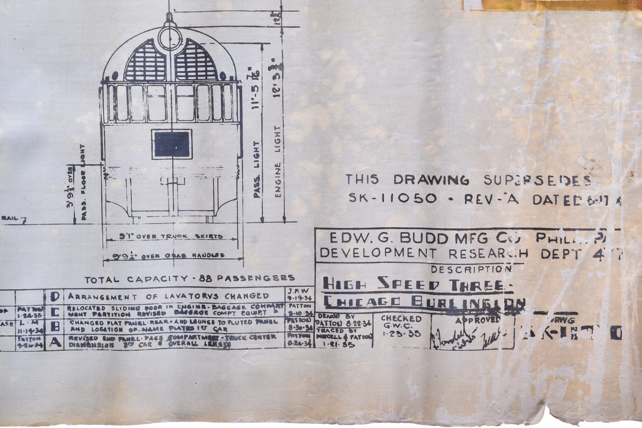2119 - Original 1934/35 Budd Company CB&Q Railroad Pioneer Zephyr 3 Car Train Drawing thumbnail