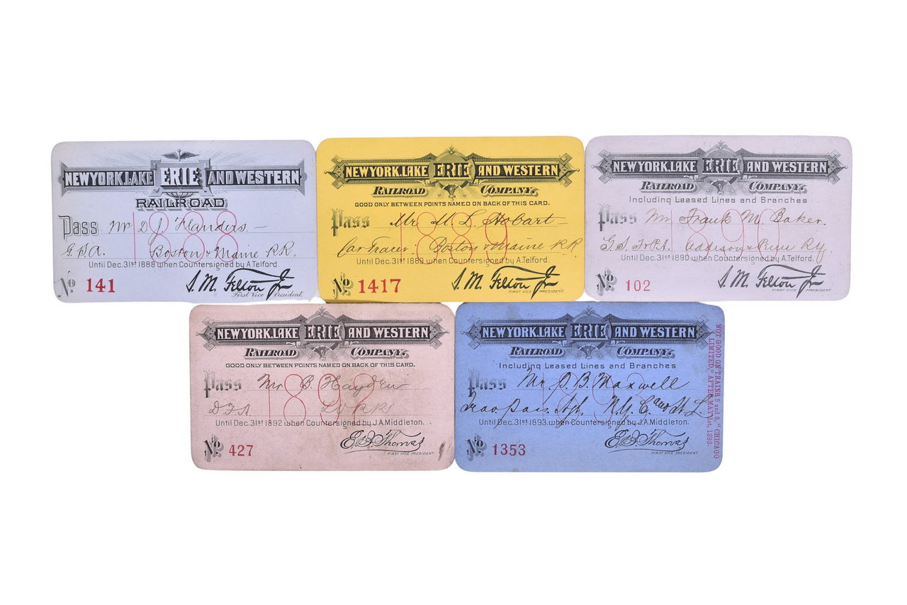 2133 - Five New York, Lake Erie & Western Railroad Annual Passes - 1888, 1889, 1890, 1892, and 1893 thumbnail