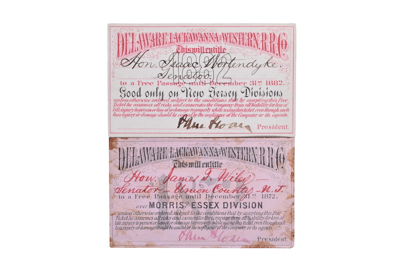 2137 - 1872 and 1882 Delaware, Lackawanna & Western Railroad Annual Passes for Senators of New Jersey thumbnail