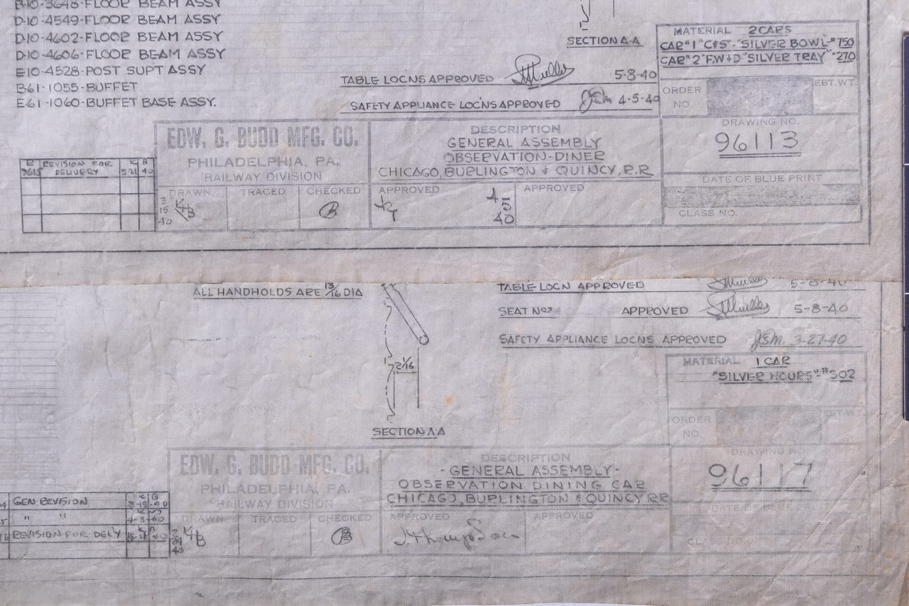 2143 - Two Original 1940 Budd Company CB&Q Railroad Tavern Observation Dining Car Drawings thumbnail